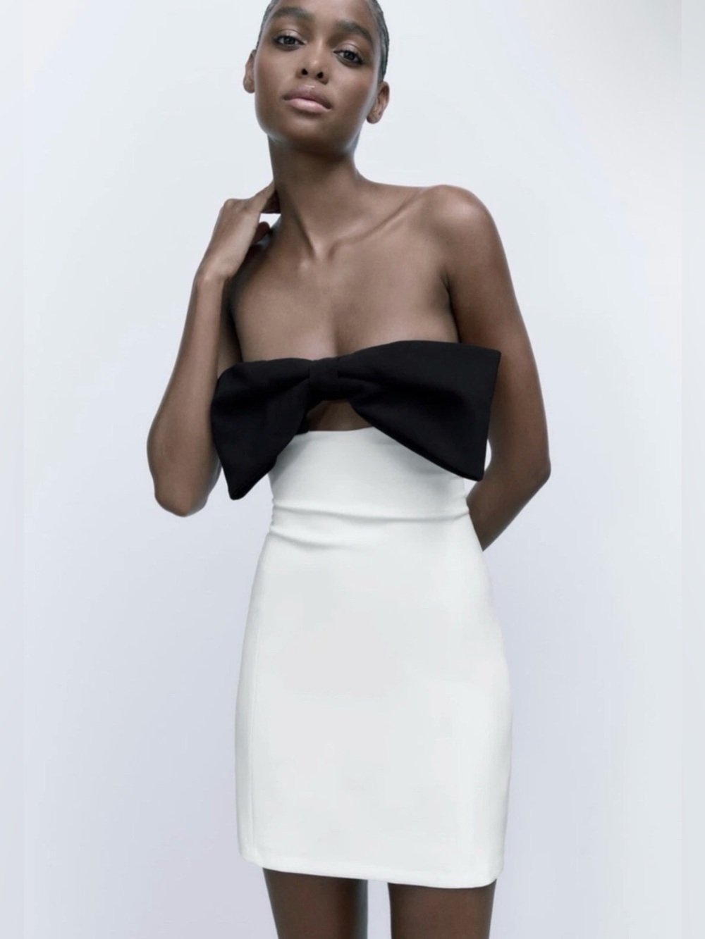 Zara Womens Tied Dress - White Body with Black Bow - Size L